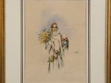 a painting of a woman holding a bouquet of flowers in a gold frame