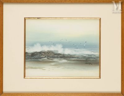 tableau représentant des vagues qui déferlent sur une plage, avec des oiseaux volant dans le ciel