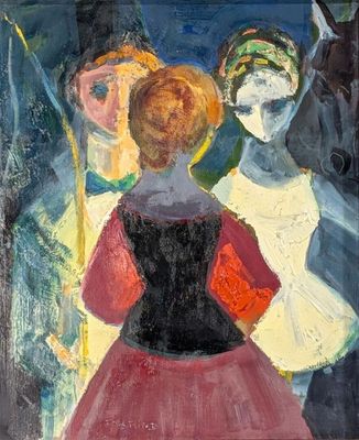 an oil painting of a woman in a red dress and a man in a black suit