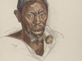 dessin représentant un homme avec une pipe à la bouche et une chemise blanche