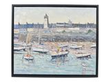 a painting of boats in a harbor with a clock tower in the background