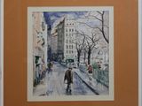 tableau représentant un homme marchant dans une rue en ville