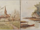 two paintings of a church and a boat on a river
