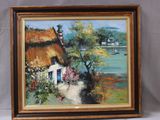 an oil painting of a house with a thatched roof and flowers