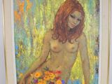 tableau représentant une femme assise sur un lit, avec des fleurs devant elle