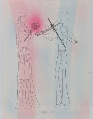 dessin représentant un homme et une femme jouant du violon