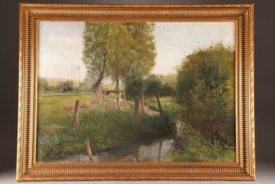 an image of a painting of a farm scene with cows in the distance