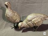 two birds that are standing next to each other on a table