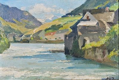 un tableau représentant une rivière qui traverse une vallée