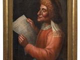 a painting of a man reading a sheet of paper in a gold frame