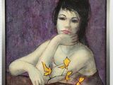 painting of a woman with yellow leaves on her chest