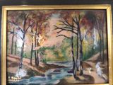 painting of a stream running through a wooded area with trees in the foreground