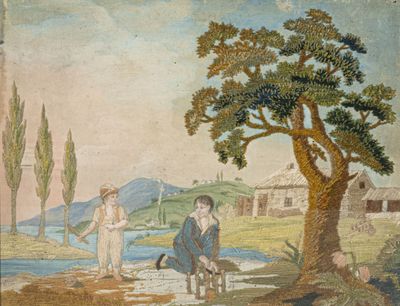 Le jeu de quilles, tableau brodé, début du XIXe siècle, taff…