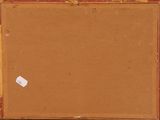 an image of a painting of a brown and red frame with a white tag on it