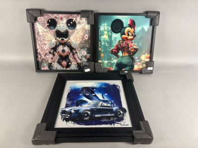two framed pictures of mickey mouse and a car in front of a white background