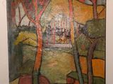 peinture représentant un paysage avec des arbres et une église au loin