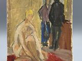 une image représentant un tableau où l'on voit une femme assise sur un tapis rouge