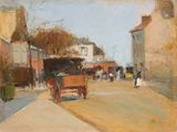 un tableau représentant un cheval et une calèche dans une rue
