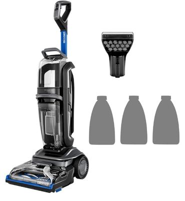 un aspirateur noir et bleu équipé de quatre embouts différents