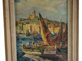 an oil painting of boats in a harbor with a castle in the background