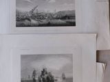 three prints of ships in a body of water with mountains in the background
