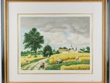 an image of a painting of a farm scene with people in a field