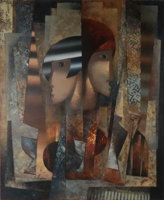 un tableau représentant une femme et un homme dans une pièce
