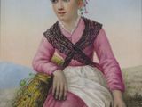 tableau représentant une femme en robe rose tenant un épi de blé