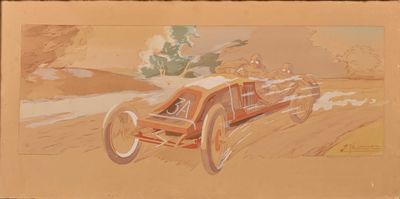 une image représentant une peinture d'une voiture de course roulant sur un chemin de terre