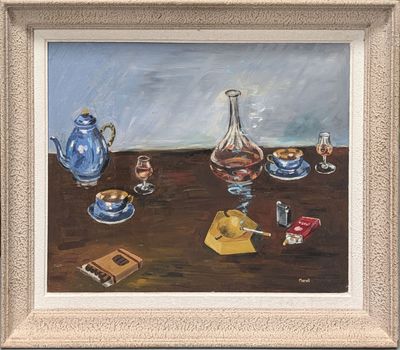 peinture représentant une nature morte composée d'une théière et d'autres objets posés sur une table