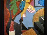 une image représentant un tableau où l'on voit une femme assise à une table avec une bouteille de vin