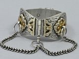 silver and gold bracelet with a chain and clasp