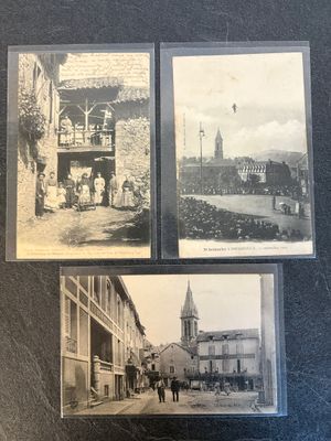 three old black and white photos of a street with people and buildings