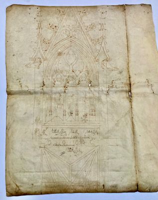 an old paper with a drawing of a building on it