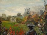 tableau représentant une femme dans un jardin, avec des fleurs et un château en arrière-plan