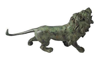 bronze statue of a lion on a white background