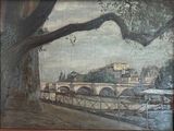 une peinture représentant une peinture d'un pont enjambant une rivière