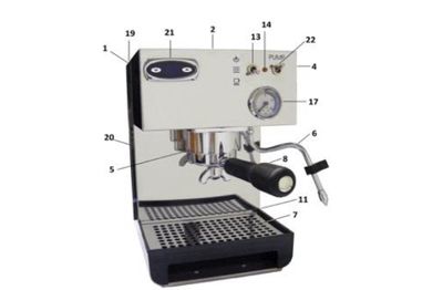 diagram of a coffee machine with parts labeled on it