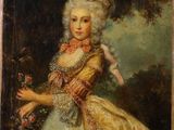 un vieux tableau représentant une femme en robe jaune tenant une fleur