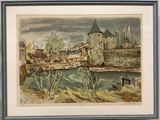 framed watercolor painting of a castle on the shore of a river