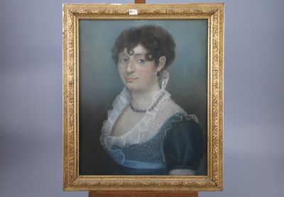 painting of a woman in a blue dress with a white lace collar