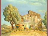 une peinture à l'huile représentant un homme passant devant un bâtiment à la campagne