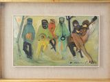 framed painting of a group of people walking down a street with umbrellas