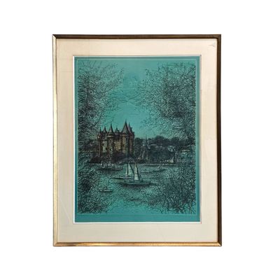 painting of a castle with a sailboat in the water