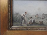 painting of a couple of men working in a field with a dog
