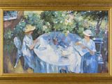 a painting of two women sitting at a table in a garden