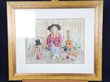 painting of a woman and a child sitting in a room with a guitar