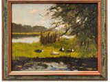 an oil painting of a river scene with ducks in the grass