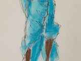 drawing of a woman in a blue dress holding a cell phone