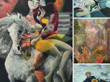 several paintings of people and animals in a collage of pictures